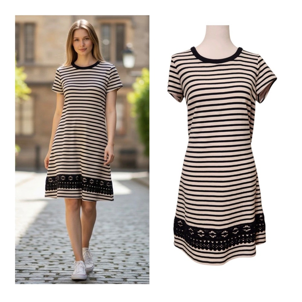 90s Vintage Dress Boho Preppy Striped Short-Sleeve Casual Fall Trends Size M